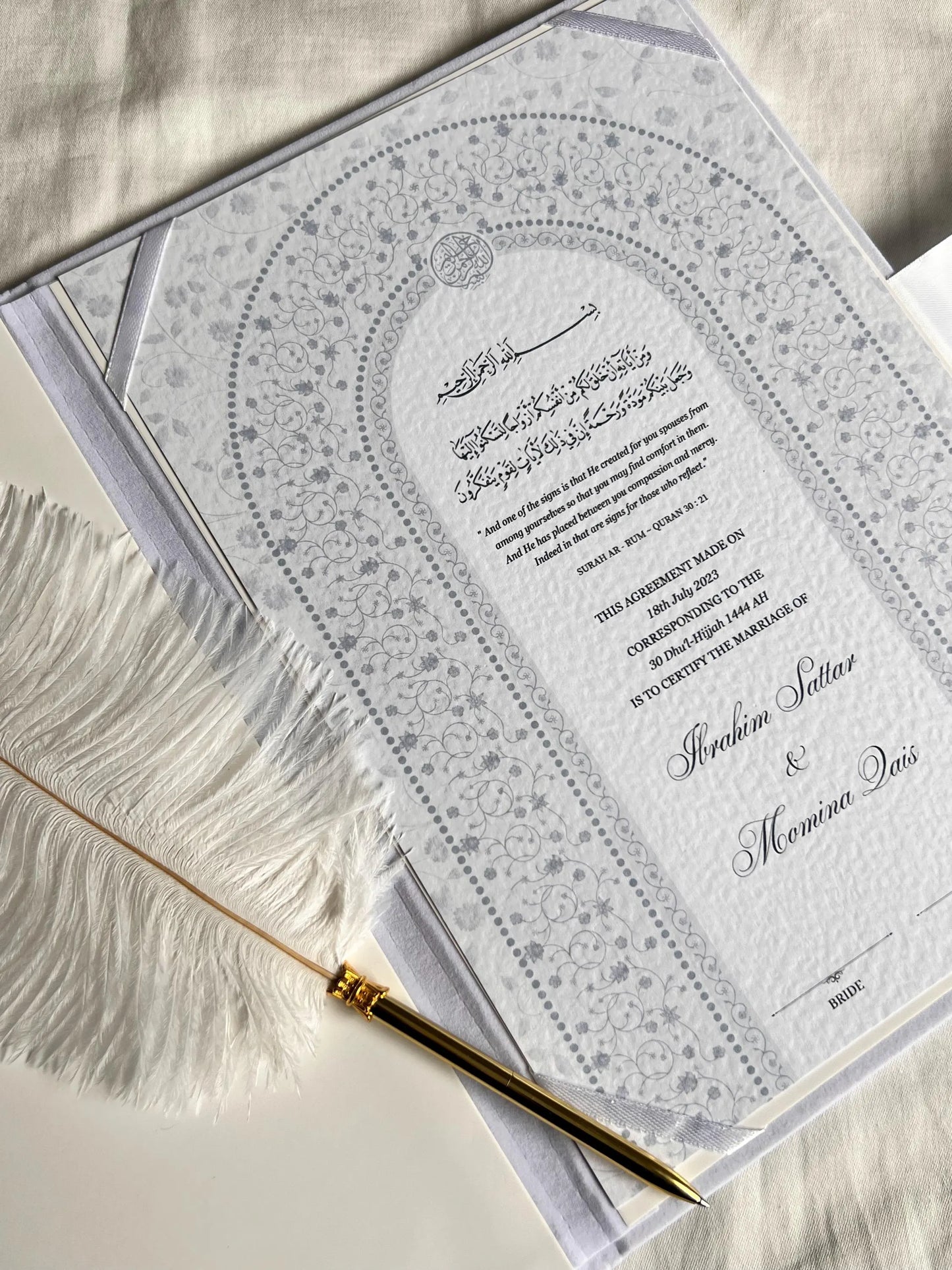 A4 Nikkah Certificate ~ Feather Pen ~ Certificate folder ~ White Hammered Card ~ nikkah booklet