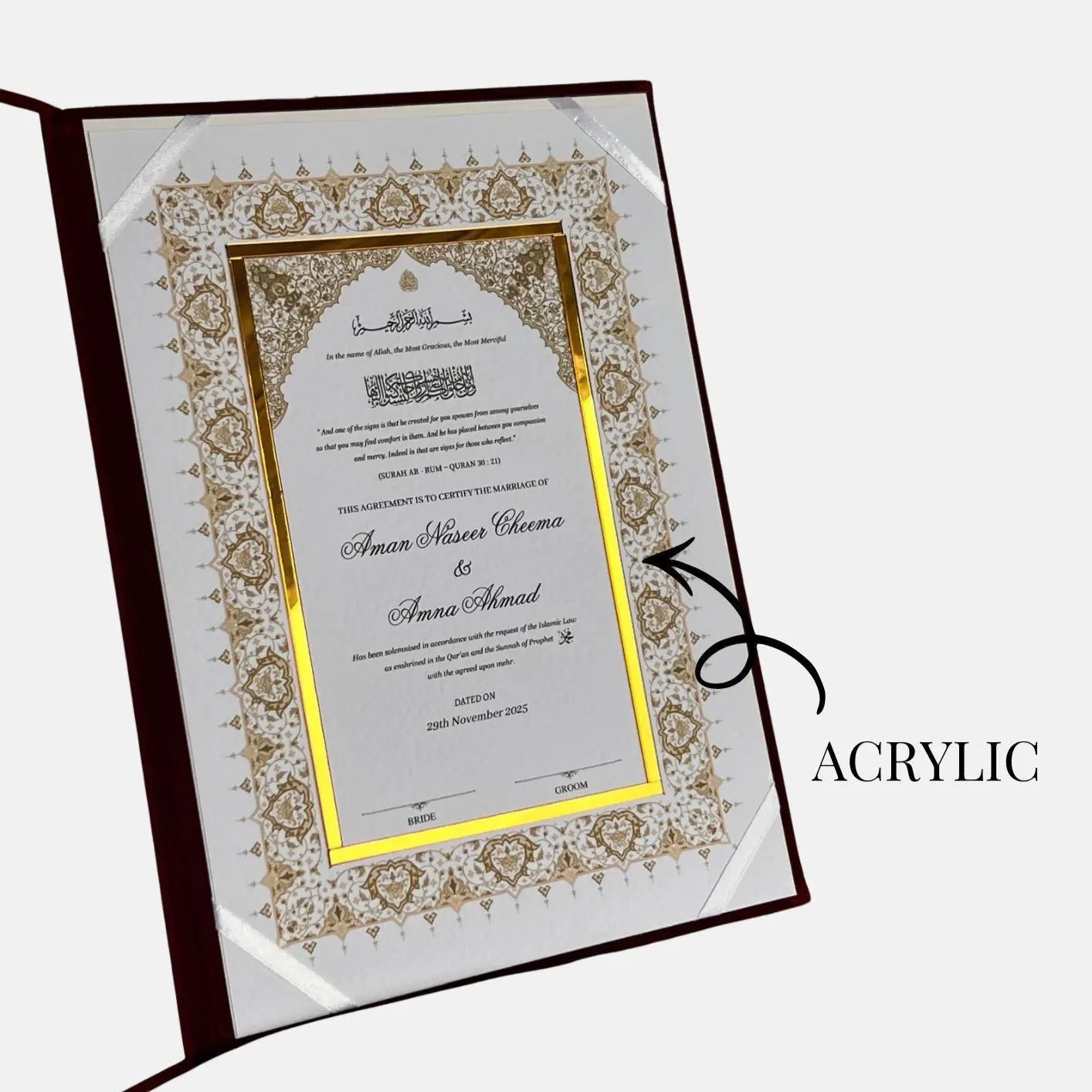 A4 booklet set - personalised wedding velvet folder - certificate holder - acrylic