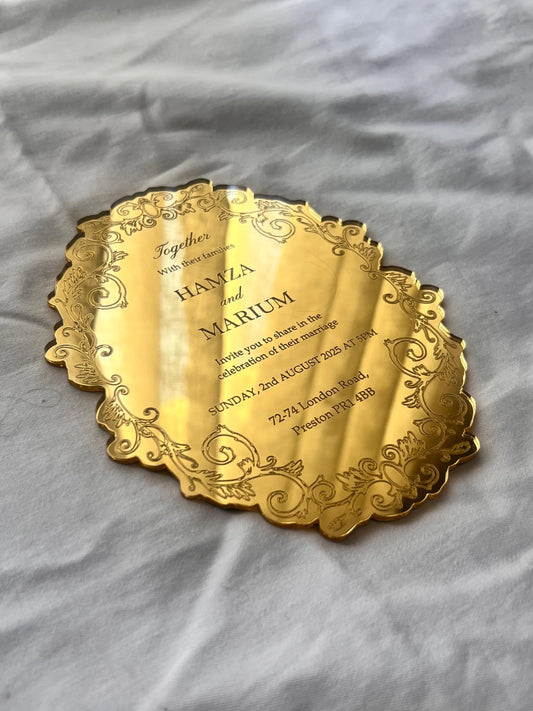 Luxury acrylic invitation - plexiglass - engraved acrylic - gold mirror - monogram frame - wedding, birthday, anniversary, nikkah, etc