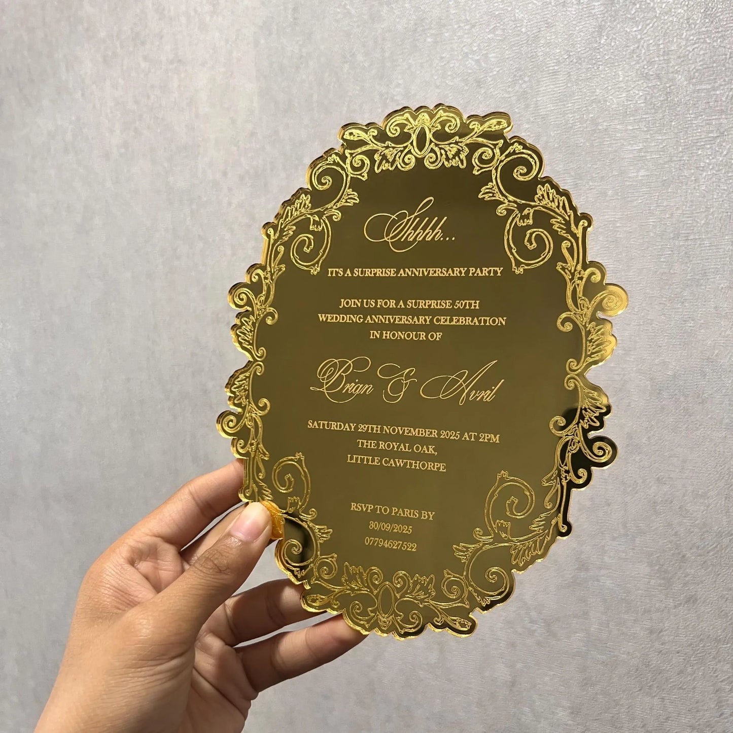 Luxury acrylic invitation - plexiglass - engraved acrylic - gold mirror - monogram frame - wedding, birthday, anniversary, nikkah, etc