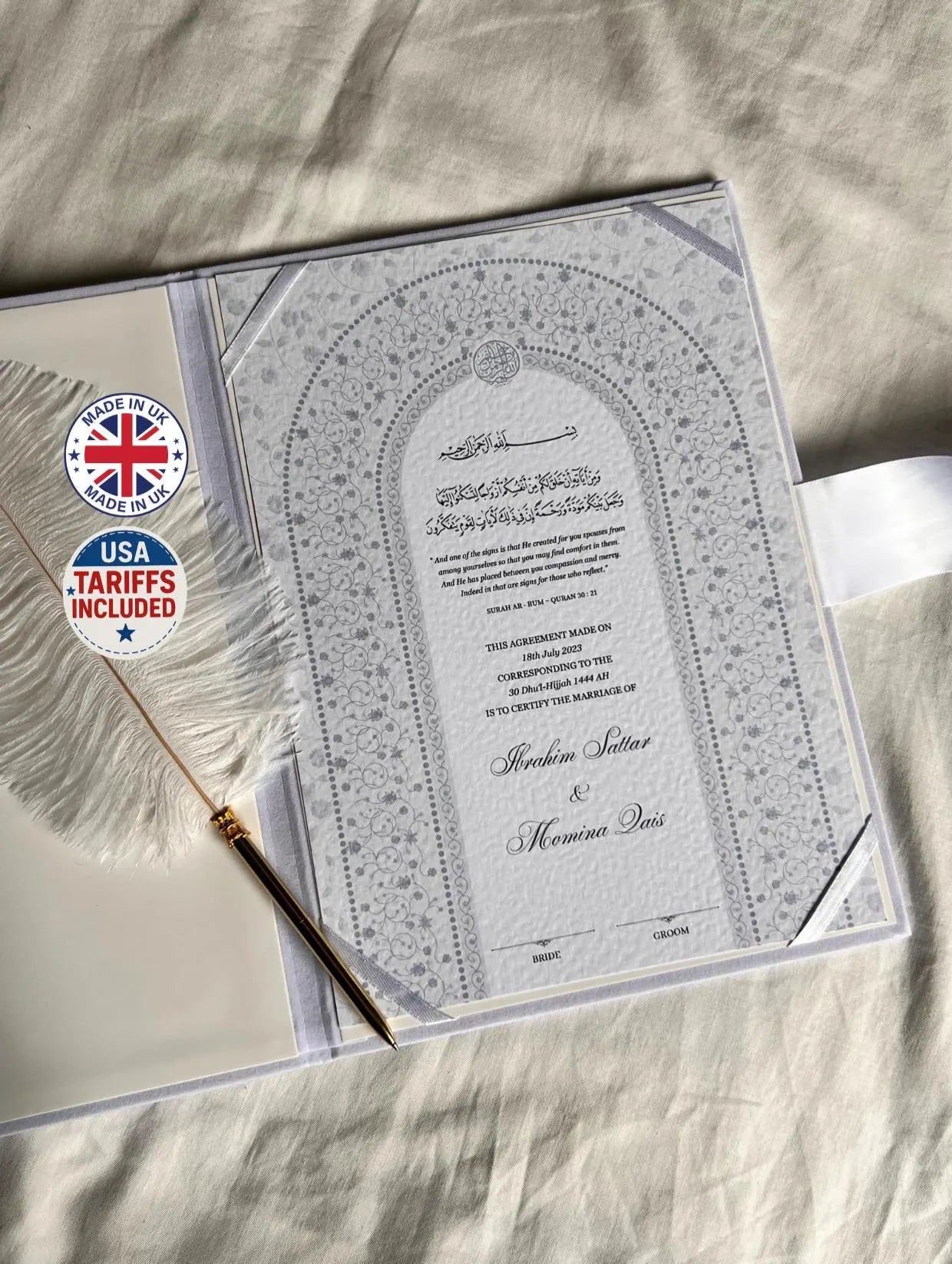 A4 Nikkah Certificate ~ Feather Pen ~ Certificate folder ~ White Hammered Card ~ nikkah booklet